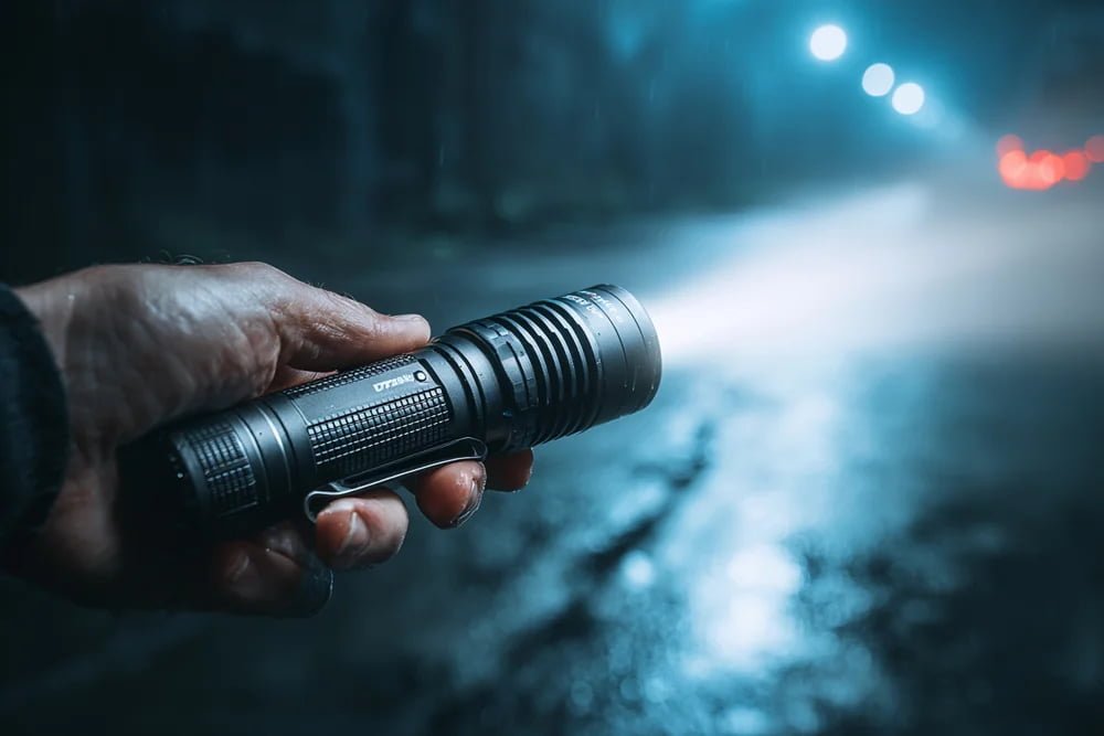 Tactical Flashlight Strobe Effect tactical flashlight strobe effect in dark alley