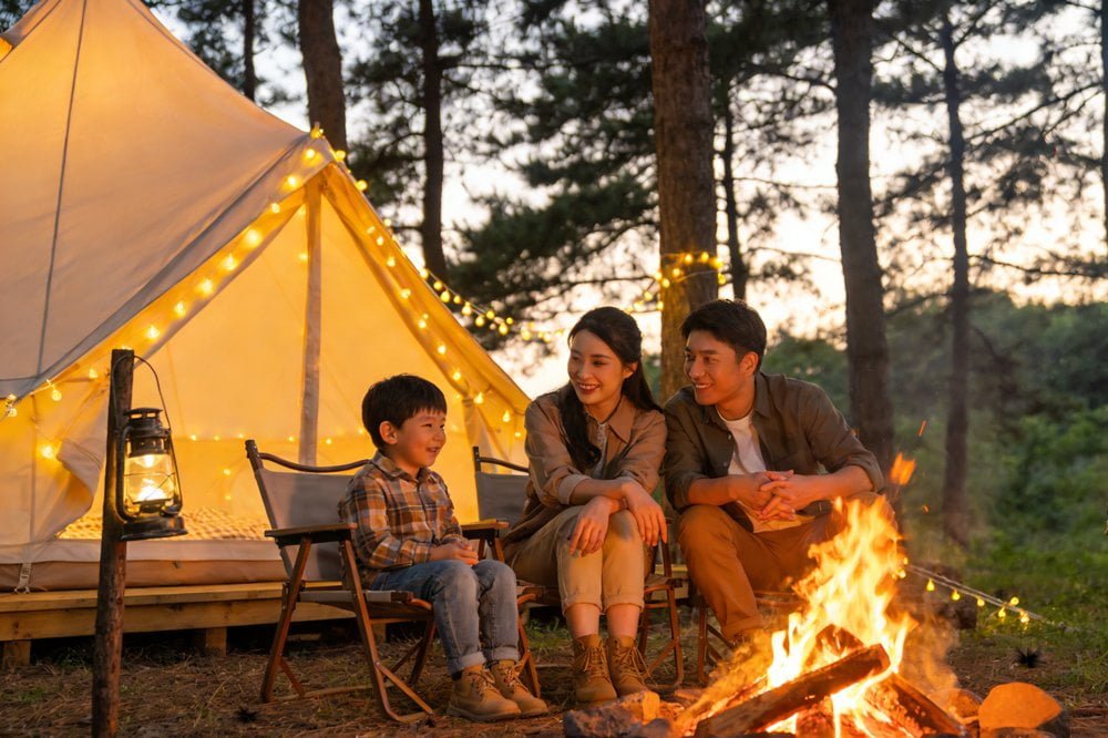 Family camping setup with solar lights family camping tent with solar string lights