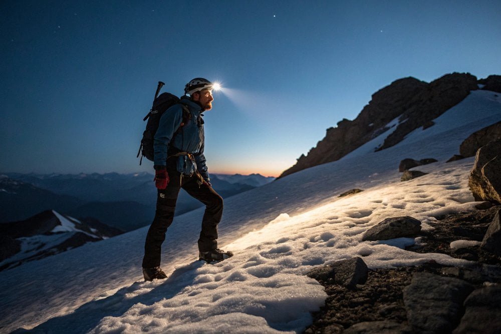 Mountaineering Headlamp Usage A professional mountaineer using a high-power headlamp on a snowy peak at night