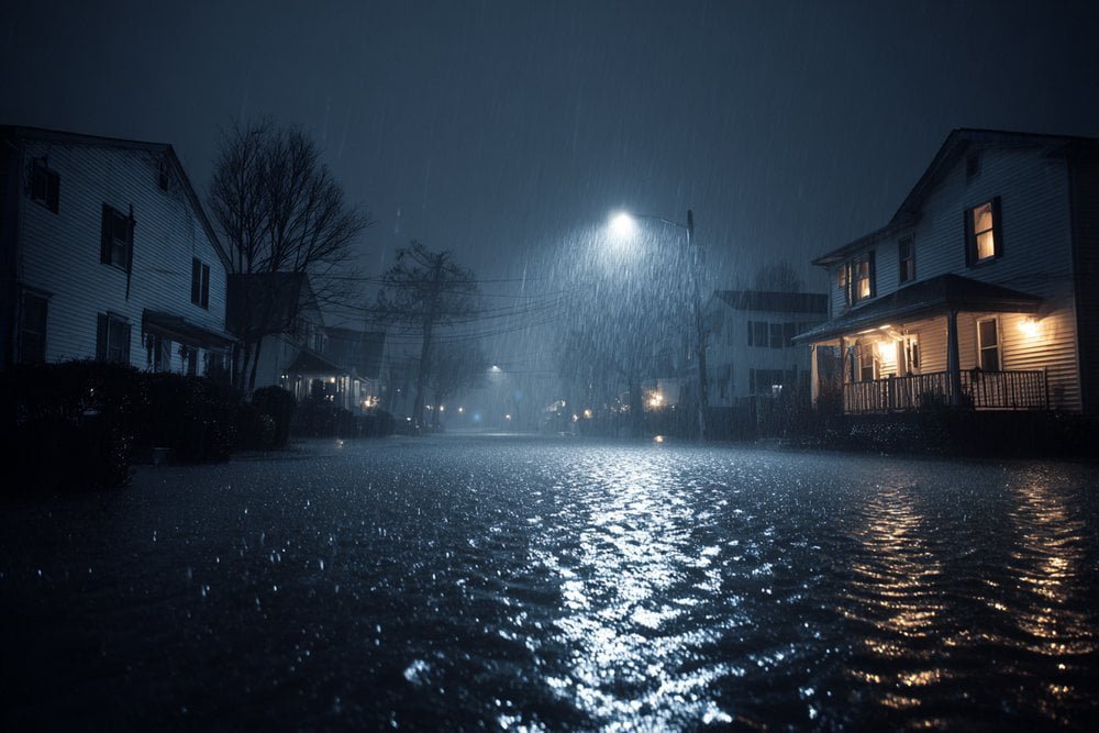 power outage during flood flooded street with dark houses