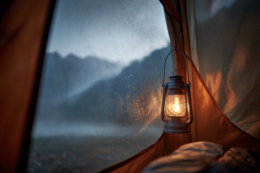 Backpacking and mountain camping gear hiker with backpack and headlamp in mountains