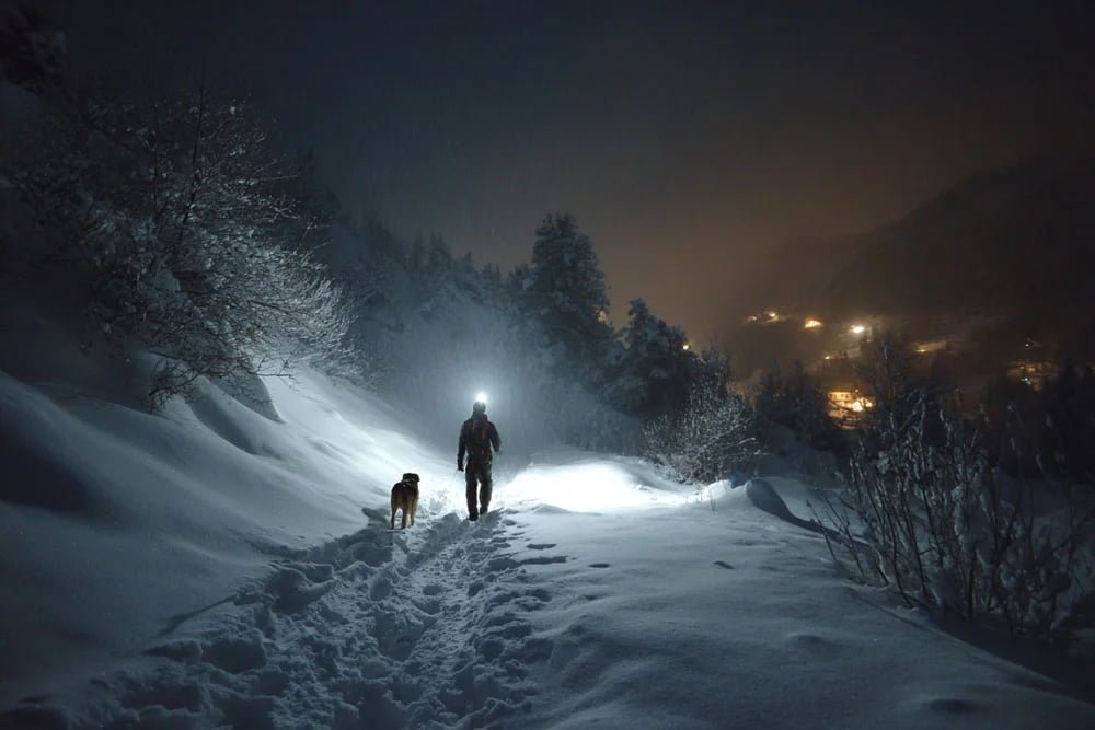 Winter dog walking with headlamp Person walking dog in snow with headlamp