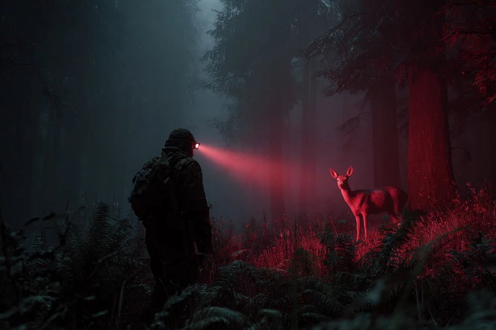 Deer under red hunting light A deer standing calm under a red spotlight