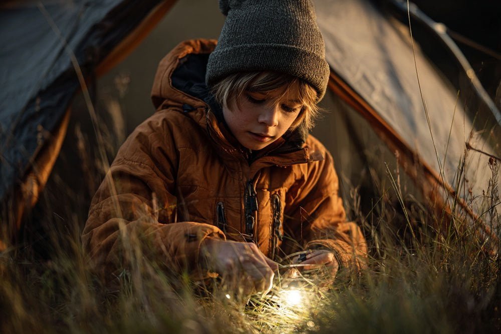 kids camping gear older child camping with flashlight
