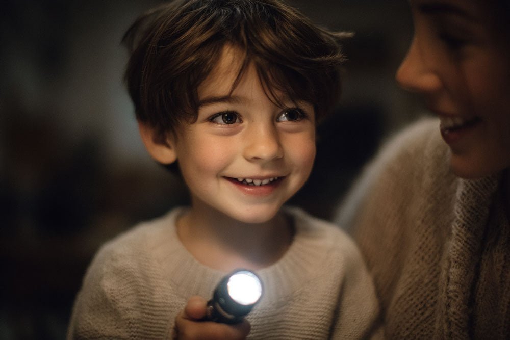 parent and child reading with flashlight