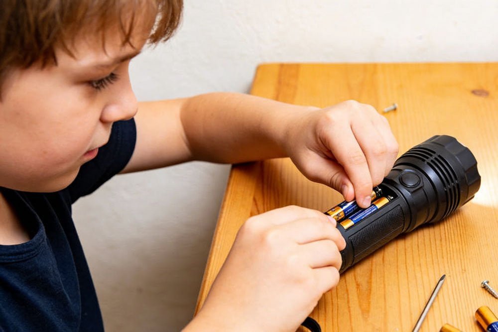 child assembling flashlight batteries