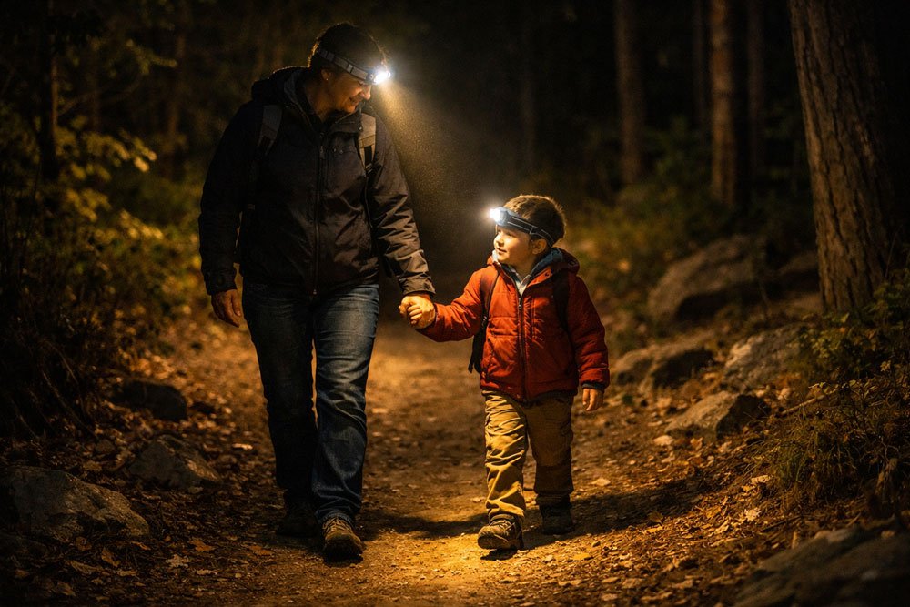 parent and child walking with headlamps