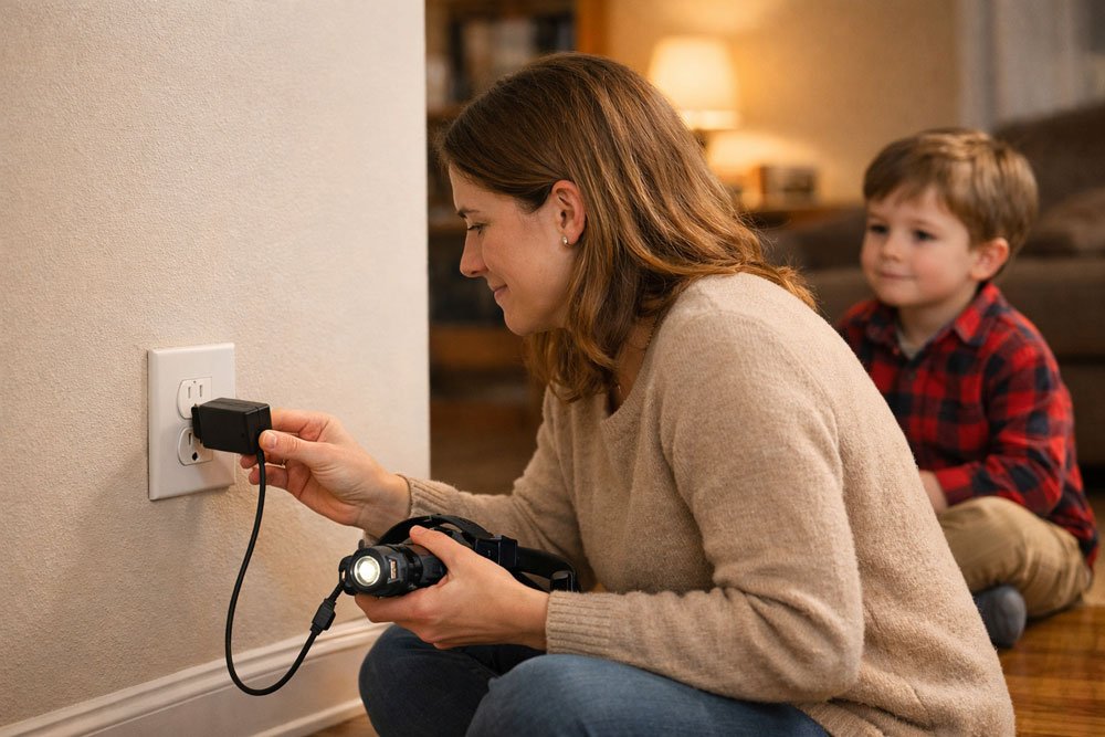 parent plugging in a headlamp charger safely