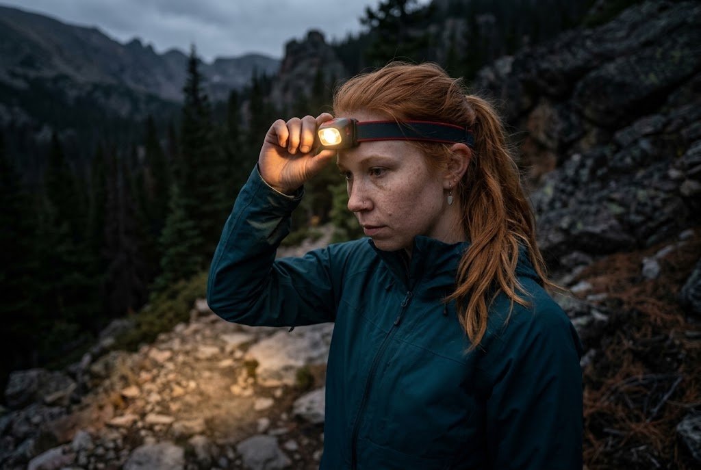 parent hiking with two children at dusk wearing headlamps