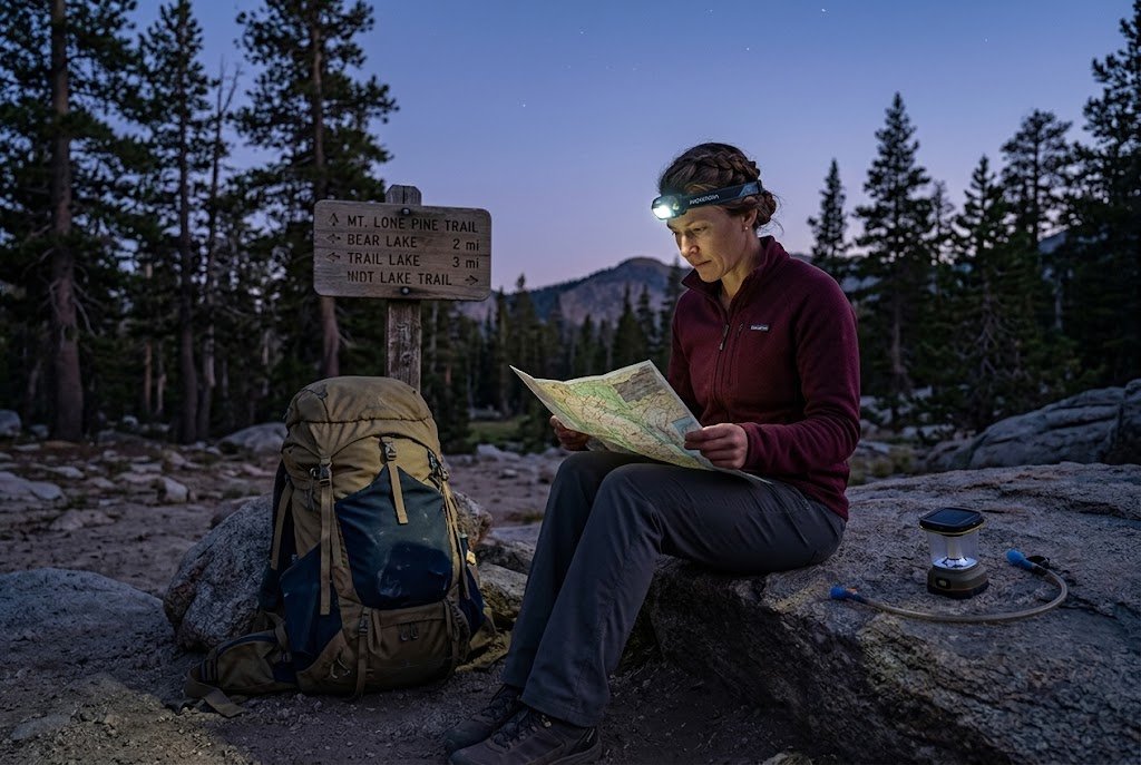 long focused beam illuminating a mountain trail at night