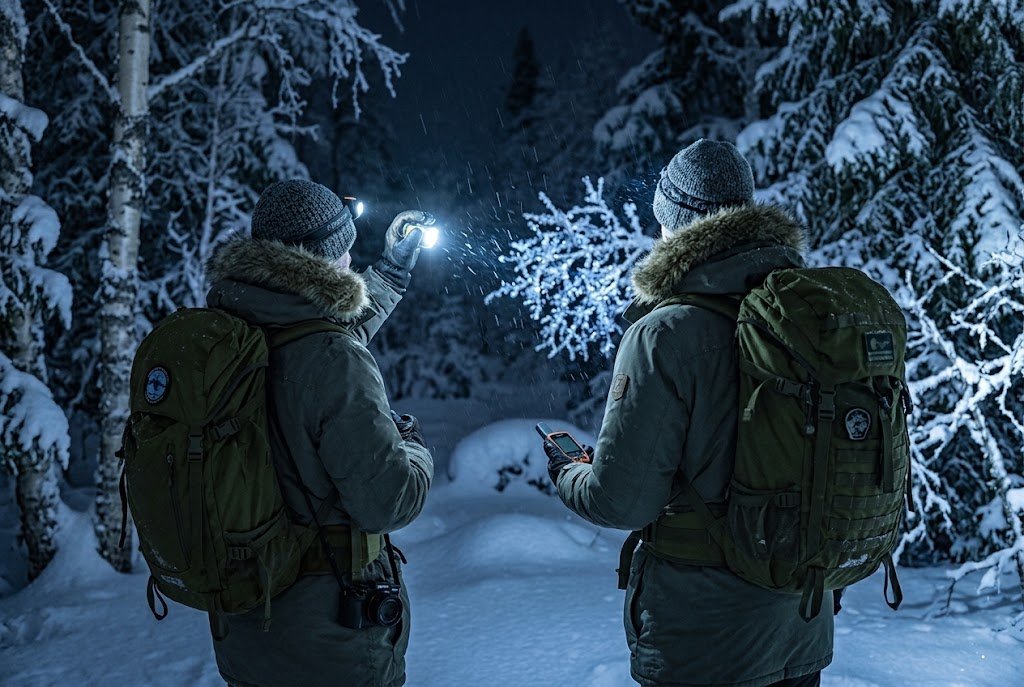 family hiking at night with headlamps after several hours outdoors