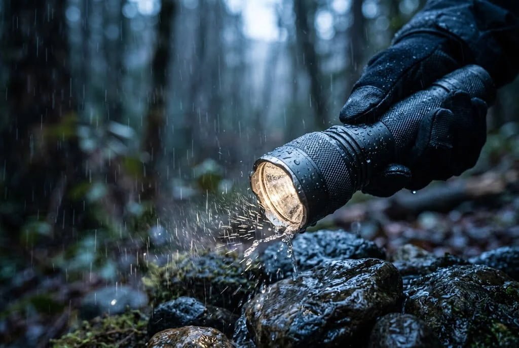 flashlight in rain